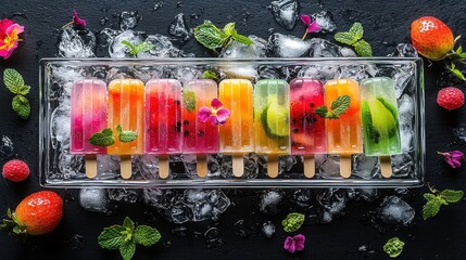 Wall Mural - Beautiful Aerial View of Colorful Popsicles on Ice Tray