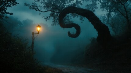 Poster - Misty forest with twisted trees and glowing street lamp creates a suspenseful atmosphere late at night