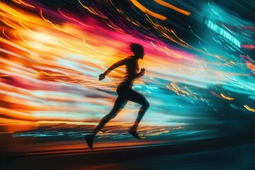 Poster - High-energy silhouette of a runner amidst explosive neon splashes in a vibrant cyberpunk environment