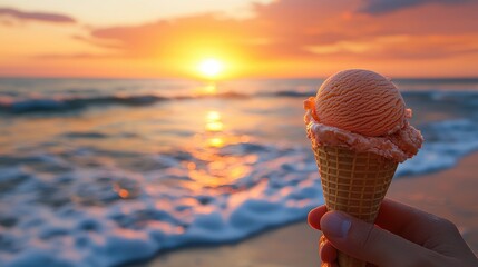 Wall Mural - Refreshing Ice Cream Moment by the Beach at Sunset