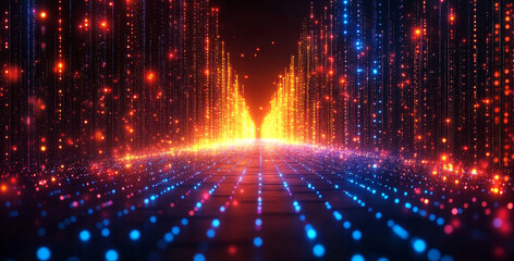 Fototapete - A vibrant digital scene illustrates quantum computing, highlighting concepts like superposition, entanglement, and algorithm optimization in a futuristic environment.