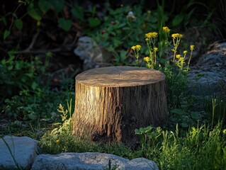 Wall Mural - sunlit tree stump in a lush garden setting evokes nature's serenity