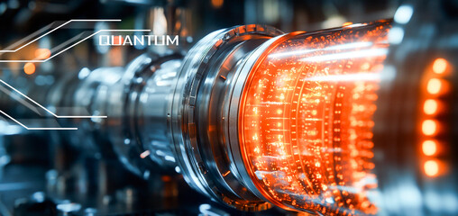 Fototapete - Intricate components of a quantum computer are showcased, featuring vibrant orange lights signifying quantum activity. The setup reveals systems related to qubits and entanglement in action.