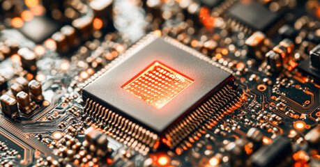 Aufkleber - Close-up view of a quantum computer chip surrounded by intricate circuits. The chip glows softly, highlighting its complexity. This technology represents advancements in quantum computing.