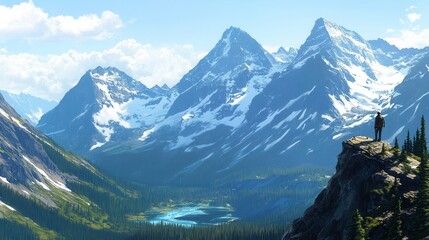 Fototapete - Majestic mountain range with snow-capped peaks viewed by hiker standing on rock in lush valley below against clear sky