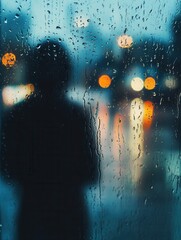 Aufkleber - Melancholic raindrops create a reflective moment with a lonely figure against blurred city lights in soft blue and gray hues