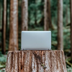 Fototapete - Tranquil Tech Oasis Minimalist Laptop Embracing Natures Workspace - Remote Work Revolution and Sustainable Digital Lifestyle Imagery
