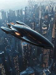 Aufkleber - Futuristic spaceship hovers above a sleek cityscape with glowing engine at sunset