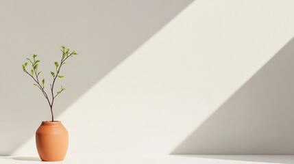 Poster - Minimalist Zen Serenity Terracotta Vase with Delicate Green Branches - Contemporary Wellness Design and Mindful Interior Styling for Modern Lifestyle Aesthetics