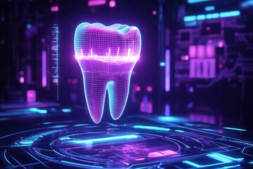 Leinwandbilder - Futuristic dental implant in neon blue and purple wireframe on dark high-tech interface with glowing elements and sleek medical UI