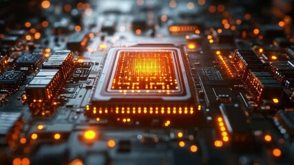 Aufkleber - A detailed view of a quantum circuit board highlights qubits in superposition and entanglement. Orange lights indicate active processes in decoherence, showcasing advanced technology at work.