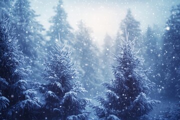 Wall Mural - winter wonderland forest with snow-laden pine trees, soft blue twilight glow, and sparkling snowflakes gently falling, creating a magical enchanted atmosphere