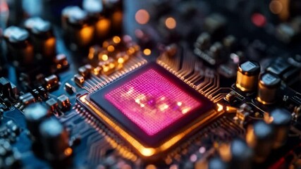 Aufkleber - Close-up view of a quantum processor chip illuminated with vibrant purple and orange hues. The intricate circuit design features components like qubits and gates essential for quantum computing.