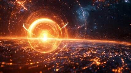 Poster - A visual concept of quantum mechanics featuring a glowing orb for quantum states, entangled particles, and superposition against a cosmic backdrop, merging science with imagination.