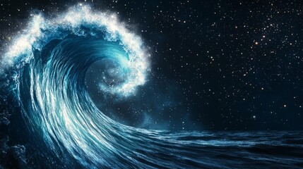 Wall Mural - storm swirl marine weather. a powerful ocean wave illuminated against a starry night sky, showcasing