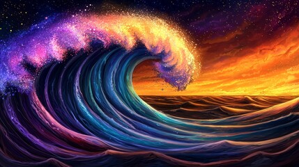 Wall Mural - storm swirl marine weather. a vibrant, cosmic wave crashes against the horizon, blending colors of p