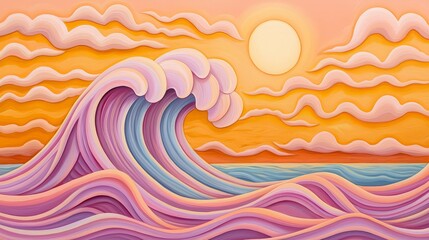 Wall Mural - storm swirl marine weather. a vibrant, stylized illustration of waves and clouds against a sunset ba