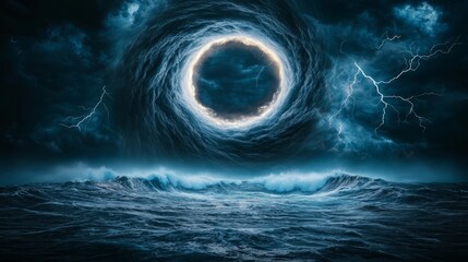 Wall Mural - storm swirl marine weather. a dramatic seascape featuring a dark, swirling sky with a luminous circu
