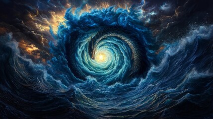 Wall Mural - storm swirl marine weather. a swirling vortex of blue waves and dramatic clouds, creating a mesmeriz