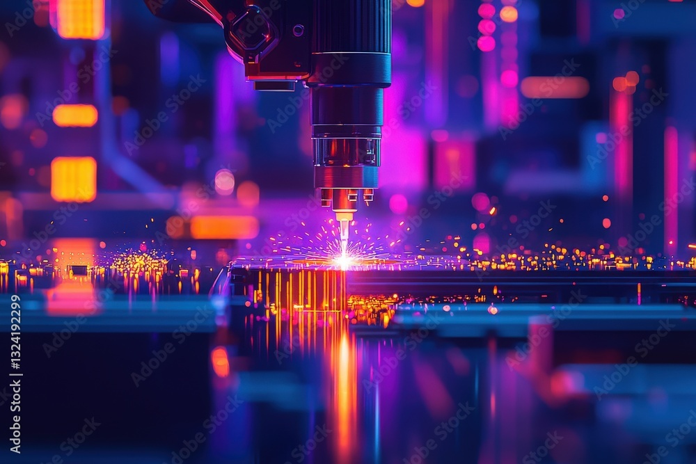 A laser cutting machine is actively engaged in precision cutting of metal, emitting bright sparks against a backdrop of colorful industrial lights.