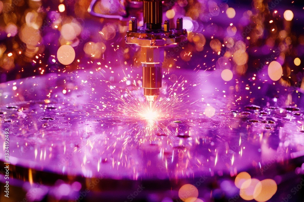 A laser cutter operates on a metallic surface, producing bright sparks amidst a captivating purple background. The dynamic atmosphere is enhanced by soft bokeh lights that create visual interest.