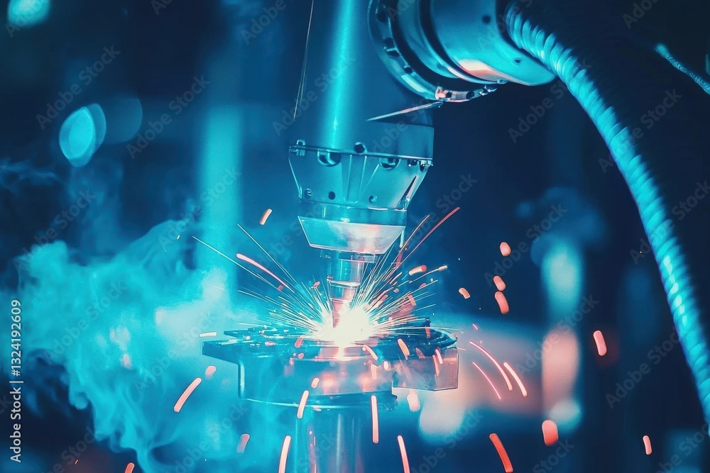 Bright sparks fly from a laser cutting machine focused on metal. Smoke and blue light illuminate the workspace. The environment exudes precision and advanced technology during active fabrication.