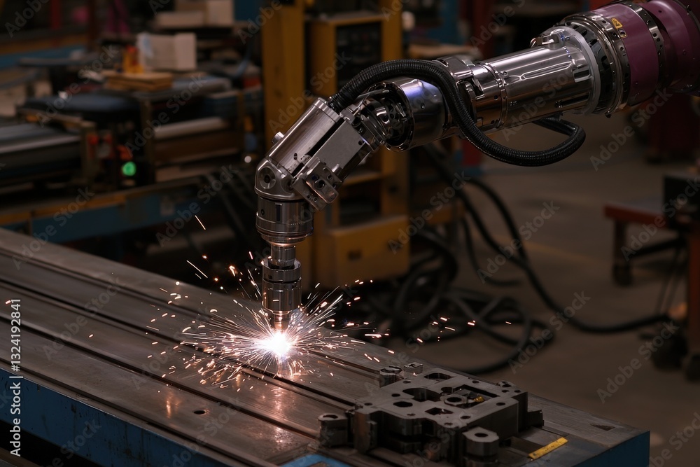 A robotic arm equipped with a welding torch skillfully engages in a welding process, creating sparks in a busy factory. The background features various industrial equipment.