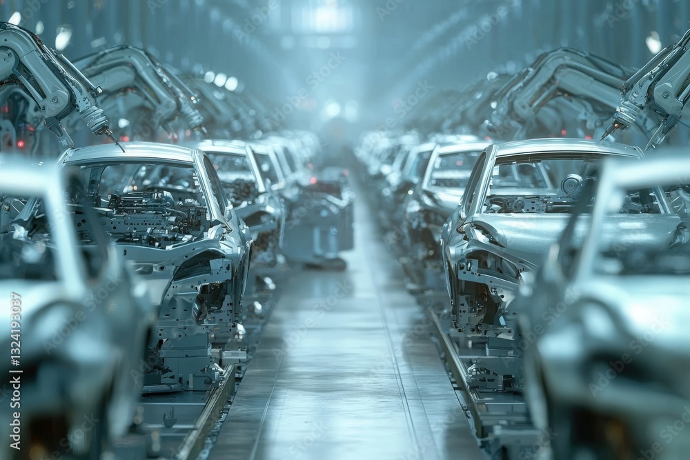 Robots work tirelessly on an assembly line, meticulously assembling vehicles in a spacious factory.