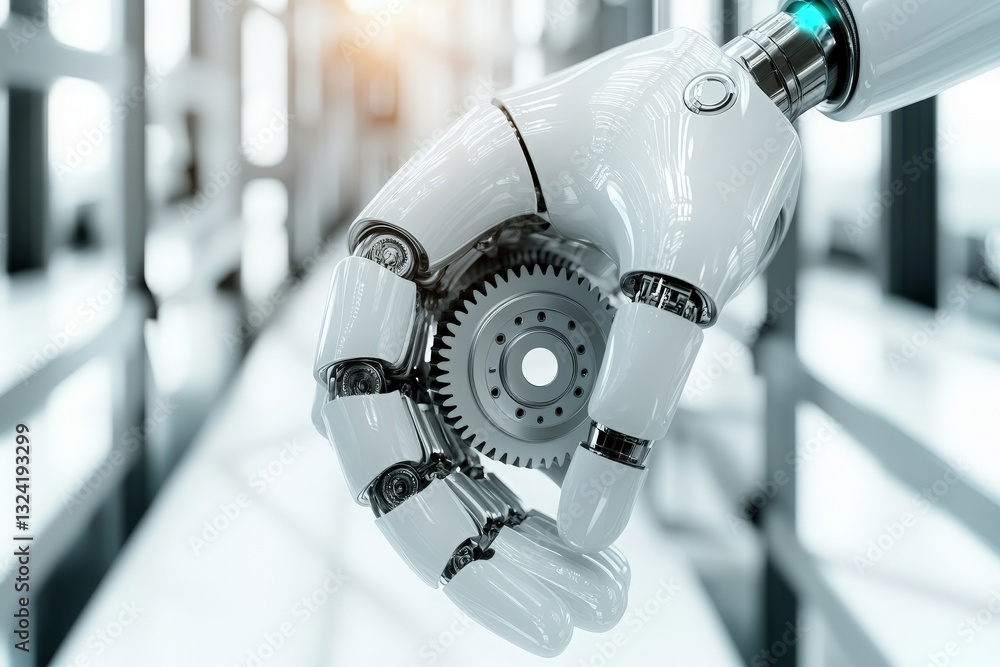 A robotic hand grips a metallic gear, showcasing advanced technology. The setting features clean lines and soft lighting, highlighting innovation in automation and manufacturing processes.