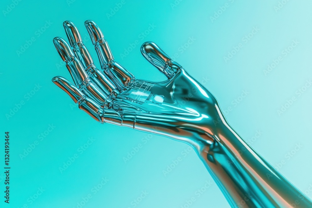 A metallic robotic hand extends gracefully, showcasing intricate joints and fingers. The hand is set against a bright blue background, emphasizing its sleek design and advanced technology.