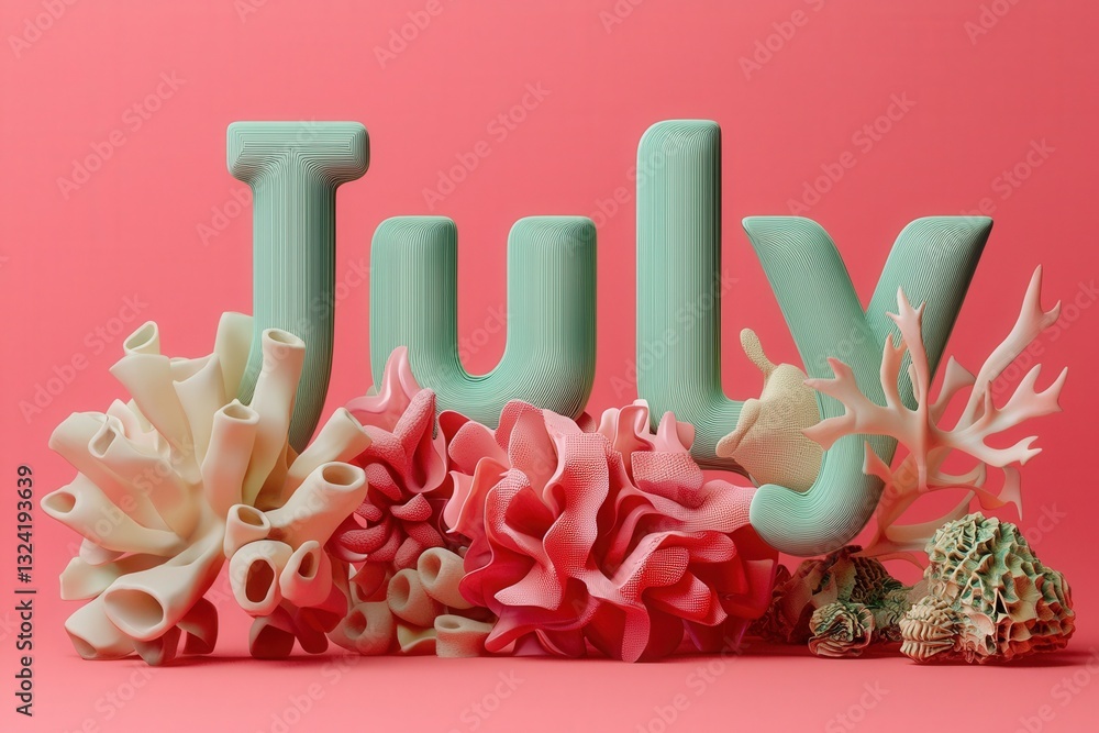 A vibrant display features the word July formed in teal letters surrounded by various types of coral in shades of pink and off-white. The arrangement highlights a summer theme.