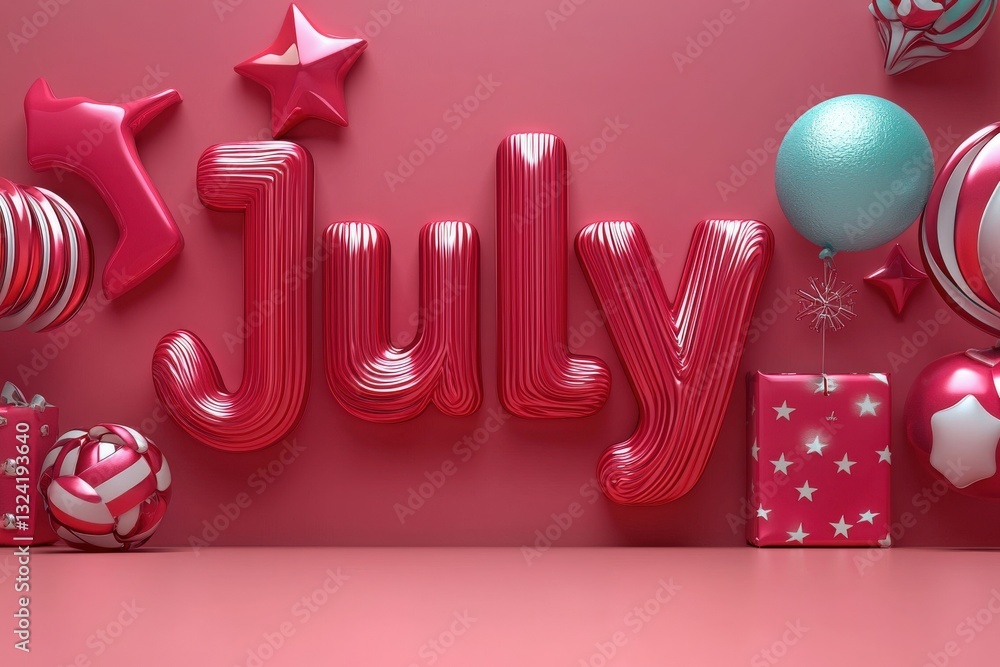 Bright pink and red decorations display the word July, surrounded by balloons, gifts, and playful stars. This setting creates a lively atmosphere perfect for summer celebrations or events.