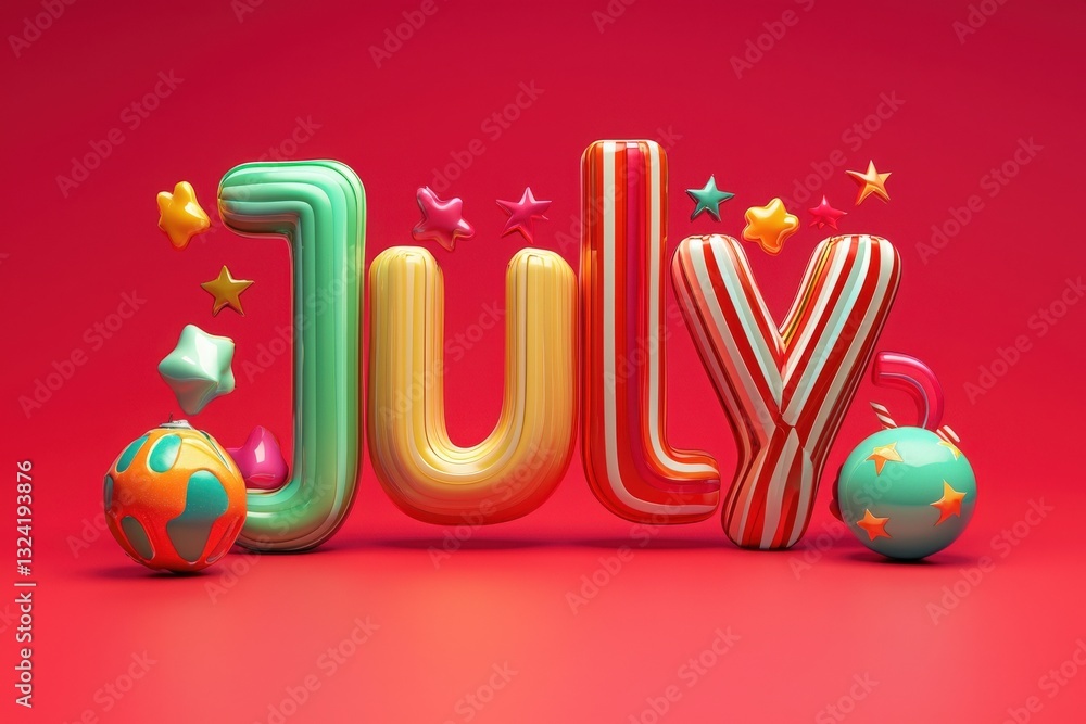 Bright, playful letters spelling July stand out against a rich red backdrop. The letters are decorated with vivid colors and whimsical shapes, including stars and abstract balls.