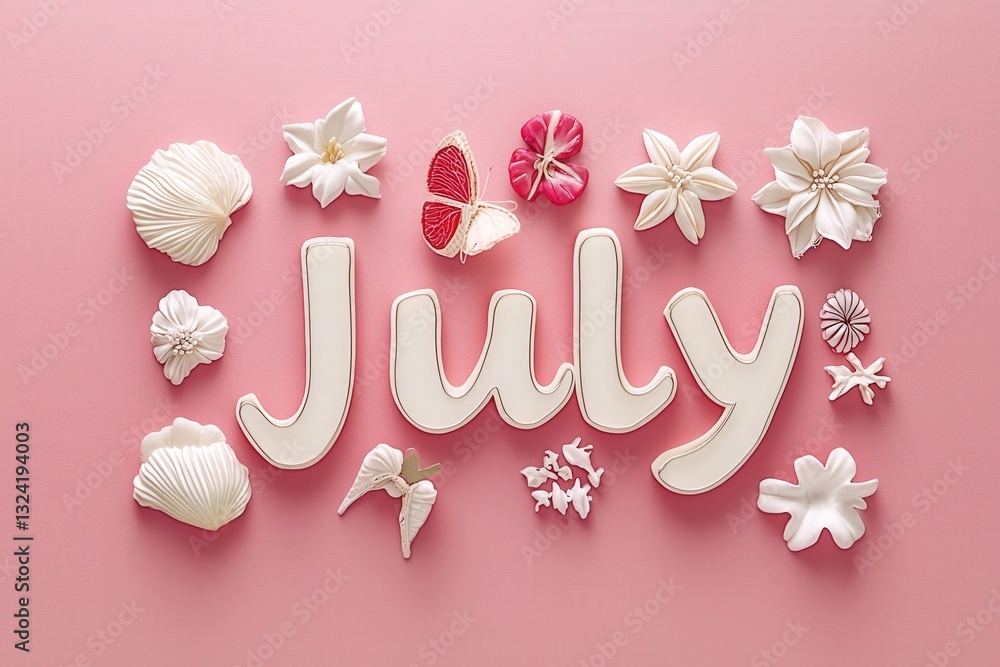 July is creatively displayed with white floral elements and colorful butterflies, set against a soft pink background. The arrangement evokes a warm, cheerful ambiance perfect for summer.