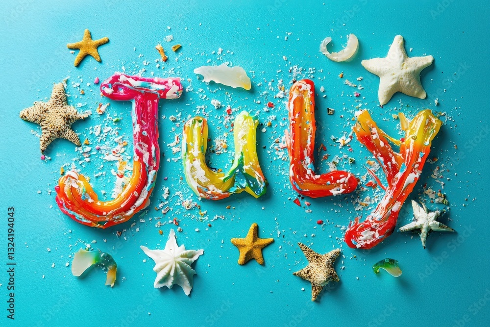 Bright and colorful letters spelling July are adorned with various candies and star decorations on a vibrant blue surface, creating a festive atmosphere perfect for summer celebrations.