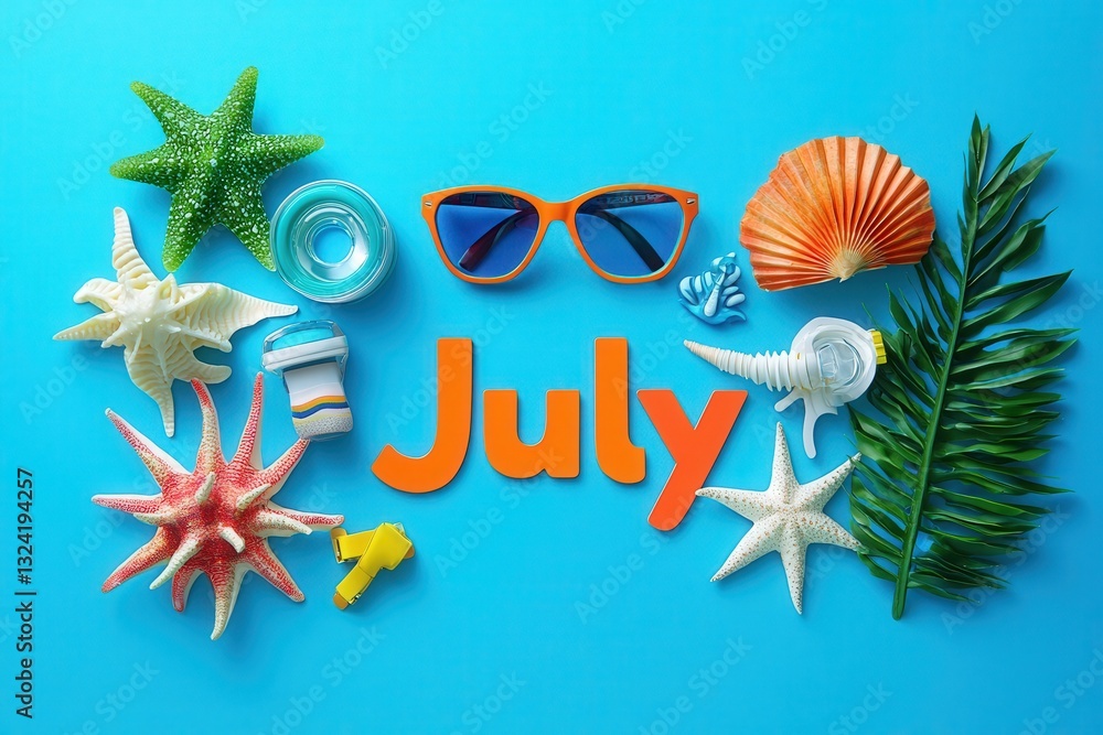 July-themed arrangement features colorful seashells, sunglasses, and a tropical leaf on a vibrant blue background. The items celebrate summer vibes and coastal aesthetics.