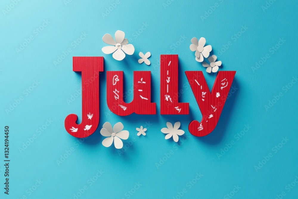 July is depicted with bold, textured letters in red surrounded by delicate white flowers on a bright blue background. This design evokes a cheerful mid-summer vibe, inviting creativity.