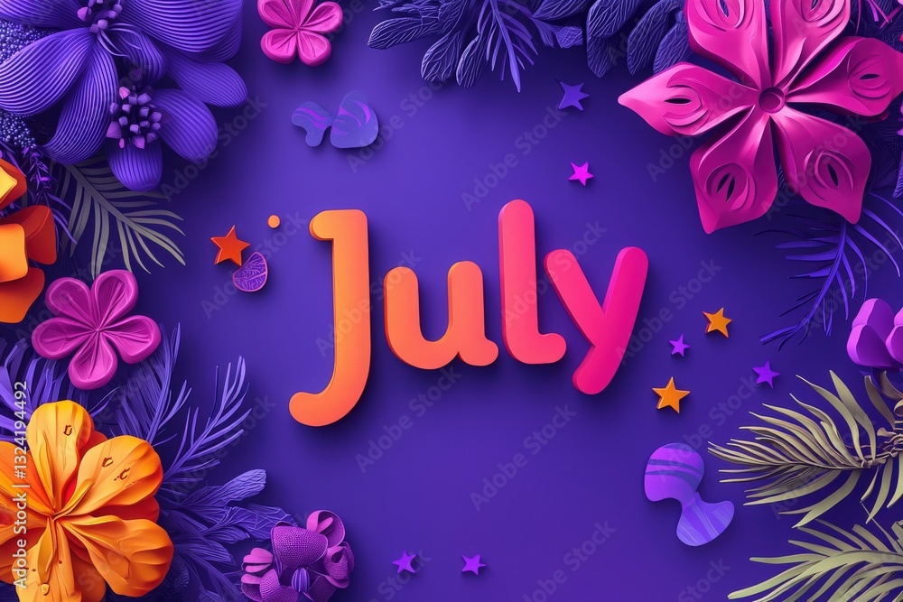Brightly colored flowers and leaves surround the word July, highlighting a festive and playful mood. The purple background enhances the vividness of the floral elements, making it visually striking.