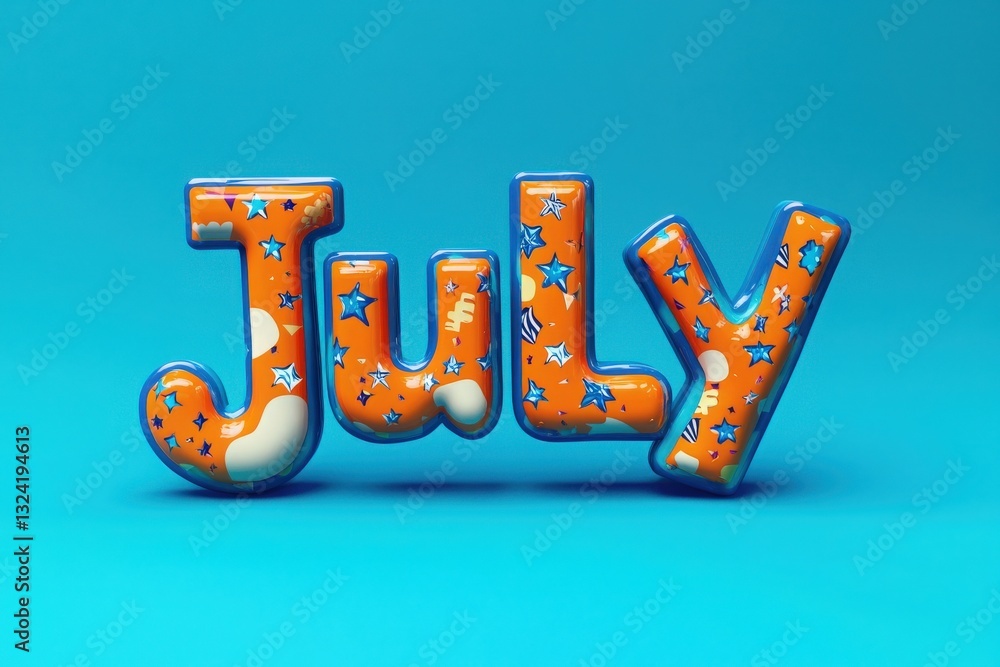 Bright orange letters spelling July are adorned with stars and whimsical patterns against a striking blue backdrop, evoking a cheerful summer vibe perfect for celebrations.