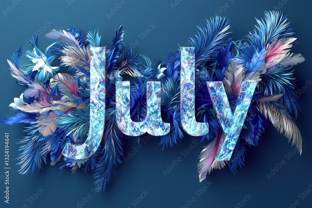 Bold letters spell out July, surrounded by lush blue foliage and colorful accents. The design captures the essence of summer, evoking a sense of joy and celebration.