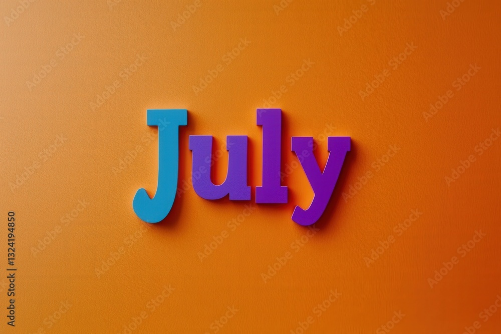 Bright, bold letters forming the word July are displayed prominently on an orange background. The letters have distinct colors and a playful design, creating a vibrant atmosphere.