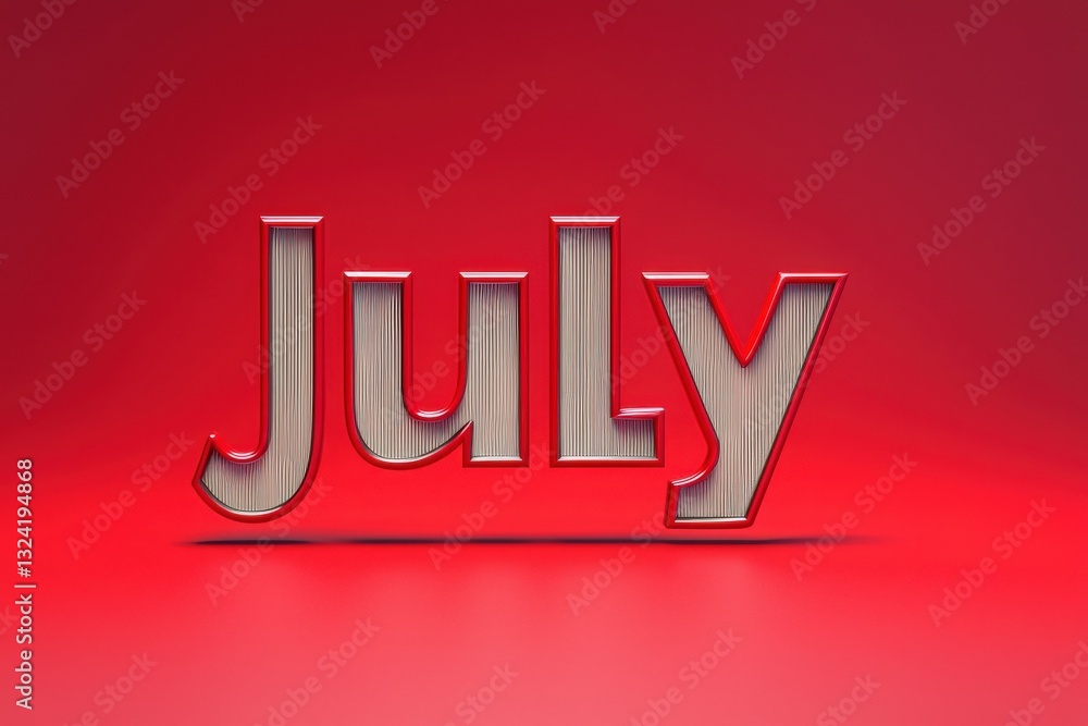 The design features the word July in large, stylized letters with depth and texture. A bright red background enhances the vividness of the typography, creating an eye-catching visual.