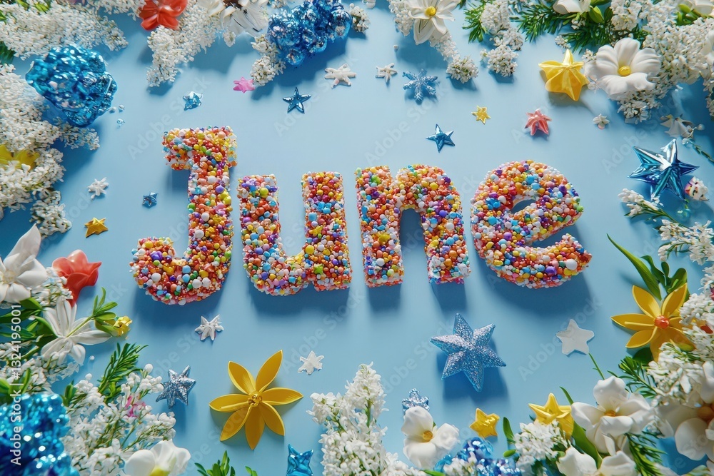 Brightly colored candy pieces form the word June, surrounded by various flowers and decorative stars on a soft blue backdrop. This cheerful arrangement captures the essence of summer.