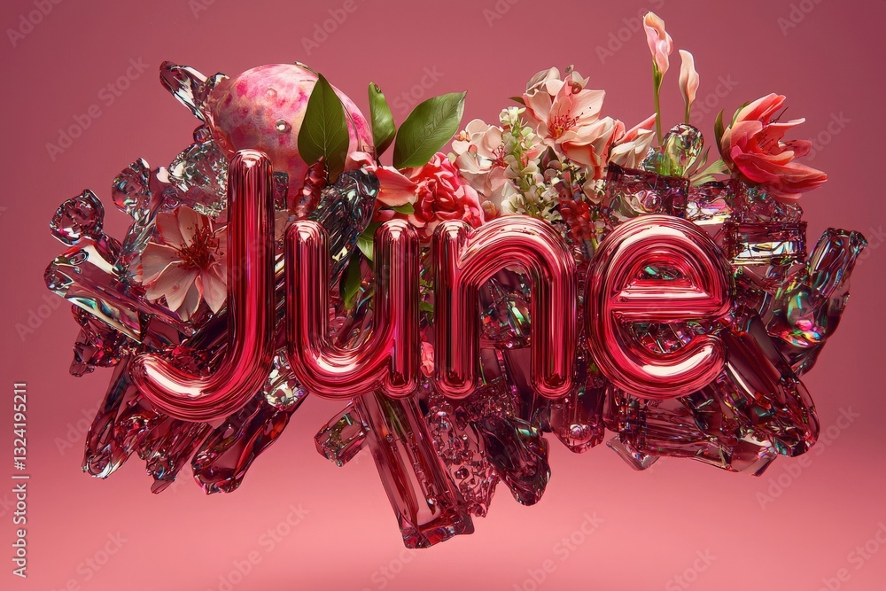 A creative arrangement features the word June in bold, shiny letters surrounded by colorful flowers and crystal-like structures against a soft pink background, highlighting the essence of summer.