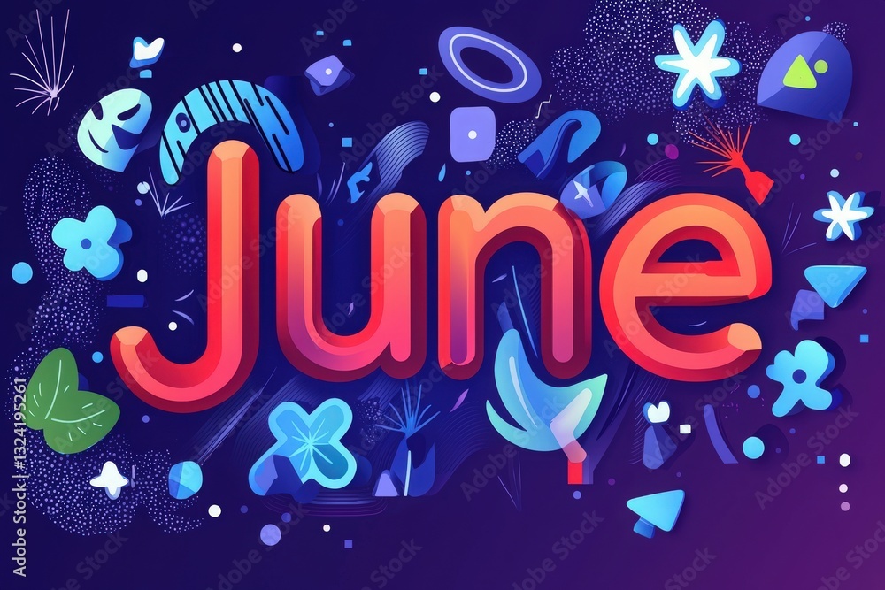 A bright and colorful digital design highlights the month of June, surrounded by playful shapes and floral patterns. The vibrant hues create a festive atmosphere, evoking a sense of summer.