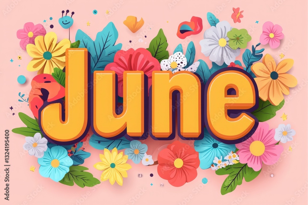 Brightly colored flowers and leaves frame the bold letters of June in a cheerful arrangement. The design features various blossoms symbolizing the start of summer and vibrant colors.