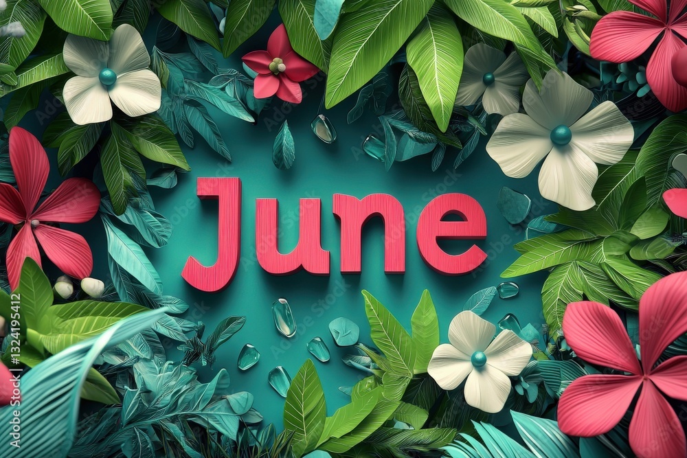 Bright, colorful leaves and flowers surround the word June, creating a lively and artistic decoration. The composition showcases vibrant hues and a playful design that evokes summer.