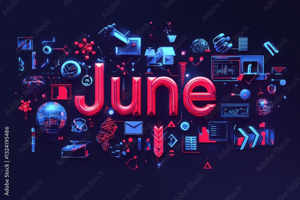 The design features the word June prominently, surrounded by an array of digital and technological graphics.
