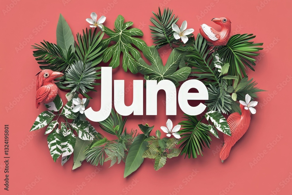 A vibrant display features lush green leaves and colorful flowers surrounding the word June. The design includes tropical birds and a coral background, creating a lively atmosphere.