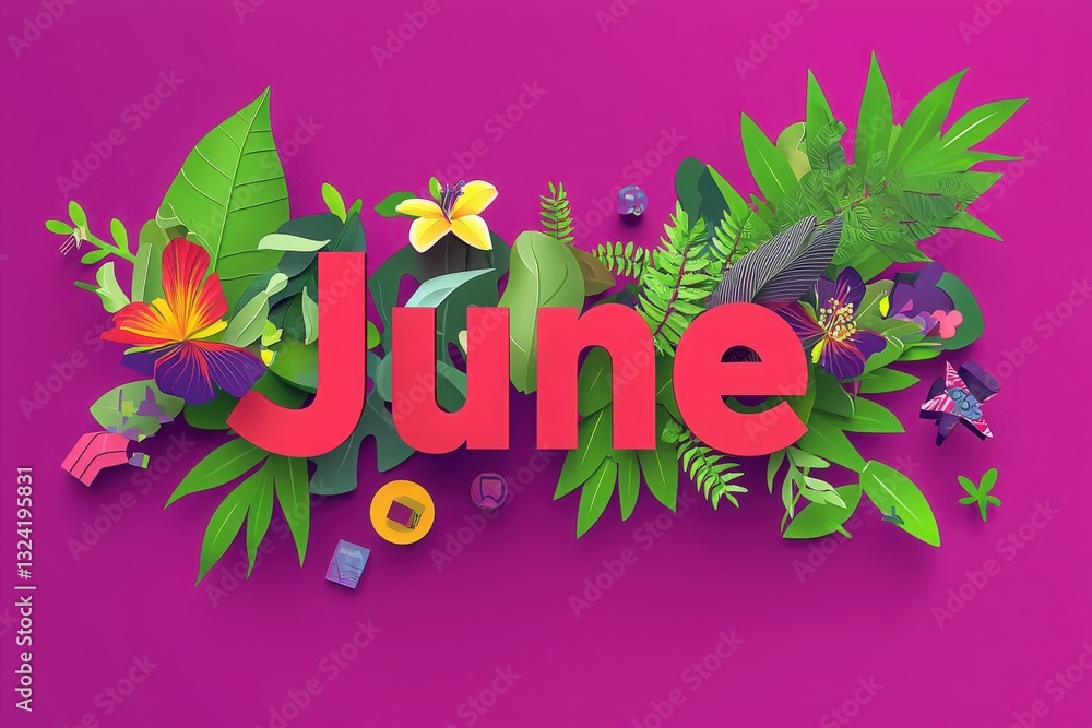 Vibrant foliage and colorful flowers are arranged around the bold letters spelling June. This creative design emphasizes the beauty of summer with lush greenery and artistic details.